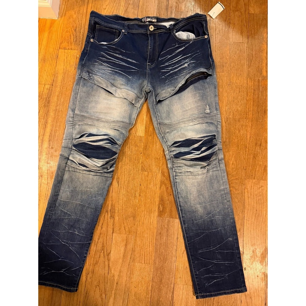 Bleecker Mercer Mens Moto Jeans 40x34 Blue‎ Ombre Biker Ribbed Distressed Denim